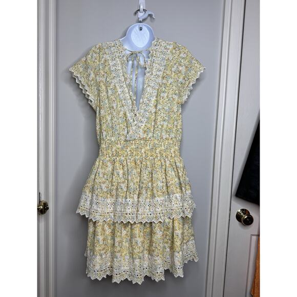 American Eagle Women’s Floral Eyelet Tiered Mini Dress L Yellow Boho Lace Cotton - Picture 3 of 15